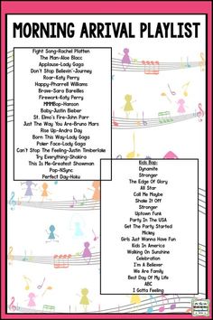 a sheet music poster with the words morning arrival playlist written in black and white