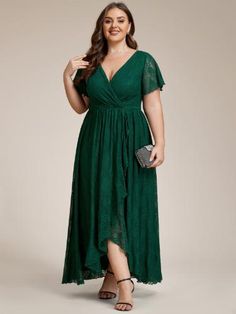 Make a sophisticated statement by wearing this plus size all-over lace simple evening dress. Short, sheer lace sleeves and a v-neck give way to a cinched waist and A-line floor-length silhouette. Finish your look with heels, flats, and jewelry. A ruffle on the front adds a luxurious detail with vintage inspiration. V-neck Maxi Dress With Lace Sleeves For Party, Party V-neck Maxi Dress With Lace Sleeves, V-neck Lace Trim Dress For Prom, V-neck Lace Evening Dress, V-neck Lace Dress For Evening, Simple Evening Dress, Sparkle Shorts, Lace Evening Dress, Look Short