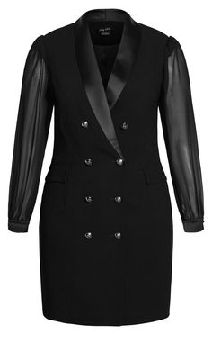 Utterly chic and on-trend, the Tux Seduction Dress brings boss babe vibes like never before. With a striking double breasted front, sheer puff sleeves and a tailored fit, this stunning blazer dress is perfect for work or play.  Key Features Include:  - Satin collared neckline  - Long sheer mesh puff sleeves with buttoned cuffs  - Slightly padded shoulders  - Double breasted front  - Faux side pockets  - Fully satin lined  - Mini length  Complete your fire evening look with a pair of polished pumps and a chain clutch. Black Tuxedo Dresses, Evening Blazer Dress, Tuxedo Dress Black, Sheer Dress Blazer, Tuxedo Dress Jewelry, Black Satin Dress Blazer, Plus Size Tuxedo Dress, Tuxedo Dress For Woman, Double Breasted Dress