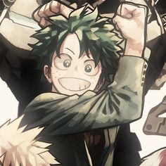 an anime character with green hair holding his hands up in the air and looking at something