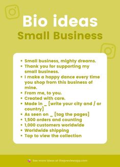 a small business card with the words,'bio ideas small business '