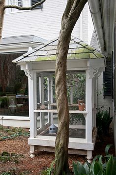 a white gazebo sitting in the middle of a yard next to some trees and bushes