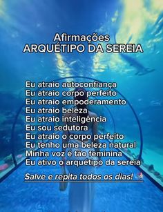 an image of a woman swimming in the water with words above her that read, afrimacos arquetito da sereia