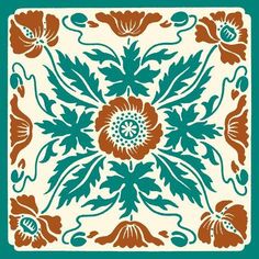 an orange and green floral design on a white square tile with blue trimmings