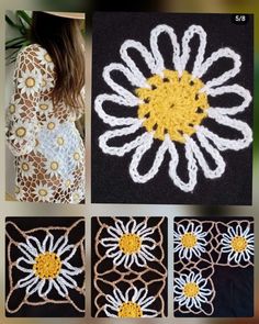 crocheted flowers are shown in four different colors and sizes, along with the same pattern