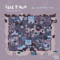 an abstract map with blue and gray shapes on it's sides, including the words isle o'bud