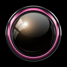 a round black button with pink trim on a black background, it appears to be an illuminated object