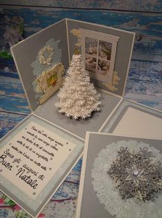 three cards with christmas trees and pictures on them