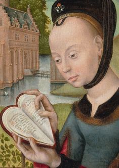 a painting of a woman holding an open book in her right hand and looking at it