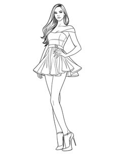 a line drawing of a woman in a short dress and high heeled shoes with her hands on her hips