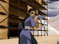 an animated image of a woman standing in front of a building with scaffolding