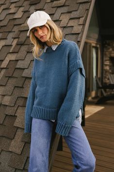 Josie Knit Sweater in Blue | böhme Barista Outfit Casual, Blue Sweater Outfit, Rich Girl Fashion, Simple Sweater, Baby Blue Sweater, Yarn Ideas, Making Clothes, Simple Sweaters, Dream Aesthetic