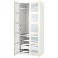 an open white cabinet with shelves and doors