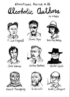 an old poster with some people in hats and glasses on it, including the names of their favorite authors