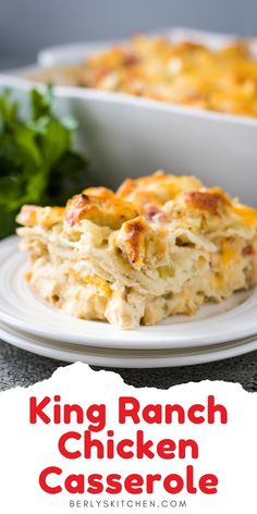 King Ranch Chicken Casserole on a stack of white plates. Easy Chicken Casserole, Chicken Casserole Recipes Healthy, King Ranch Chicken Casserole, King Ranch Chicken, Meals Chicken, Easy Chicken Casserole Recipes, Chicken Casserole Recipe, Chicken Casserole Easy, Ranch Chicken Casserole