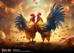 two colorful roosters standing next to each other in front of a bright light filled room