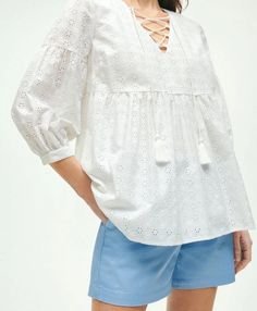 Complete casual looks with our flowy eyelet blouse featuring shirred three-quarter sleeves and rope ties with styling versatility that nod to classic peasant blouses..100% Cotton.Dry-clean.Imported.Complete casual looks with our flowy eyelet blouse featuring shirred three-quarter sleeves and rope ties with styling versatility that nod to classic peasant blouses..100% CottonDry-cleanImported Brooks Brothers Women, Eyelet Blouse, Women's Blouses, Tie Neck Blouse, Blouse White, Peasant Blouse, Tie Neck, Brooks Brothers, Three Quarter Sleeves