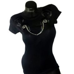 Black Fitted Tee With Swarovski Crystals Across The Chest & Satin Black Swirls. Size Small Fitted Tee, Tops Black, Black Fits, Workout Tee, Black Silver, Swarovski Crystals, Women's Fashion, Womens Tops, Tops & Tees