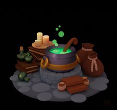 an animated image of a pot with green liquid and other items surrounding it on a black background