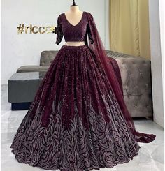 Lehnga Colour Ideas, Grand Lehenga For Reception, Dark Maroon Bridal Lehenga, Bridal And Groom Wedding Dress, Stylish Lehenga Designs, Desi Lehenga, Purple Cartoon Characters, Fashion Indian Dresses