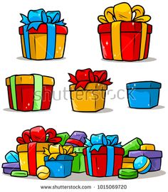 colorful gift boxes with bows and ribbons on white background - miscellaneous objects / objects illustrations