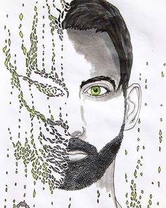 a drawing of a man with green eyes