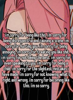 an anime character with pink hair and text that reads i'm sorry for being like this