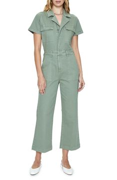 Work the weekend in a verdant jumpsuit cut from stretch-kissed cotton and popped with plenty of pockets. Snap half-placket Notched lapels Short sleeves Chest flap-patch pockets; front patch pockets; back flap-patch pockets 98% cotton, 2% spandex Machine wash, dry flat Imported Green Short Sleeve Jumpsuit With Pockets, Fitted Green Jumpsuit With Pockets, Spring Denim Jumpsuit With Patch Pockets For Work, Spring Workwear Denim Jumpsuit With Patch Pockets, Fitted Green Overalls With Pockets, Fitted Green Overalls For Workwear, Casual Green Jumpsuits And Rompers For Work, Fitted Green Overalls For Spring, Casual Green Jumpsuits For Workwear