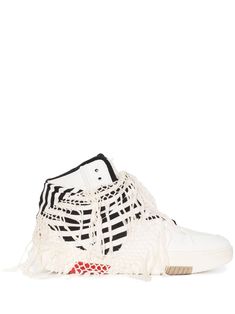 Cure 05 sneakers from SAINT LAURENT featuring black/white, leather, scarf detailing, stripe print, fringe detailing, round toe, front lace-up fastening and flat rubber sole. Saint Laurent Sneakers, Leather Scarf, White Lace Shorts, City Shorts, Balenciaga Track, Balenciaga Triple S, Shoe Print, Summer Beach Wear, Derby Shoes