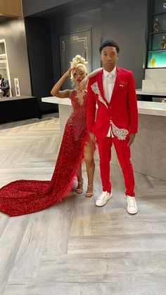 @freetheedon on ig for details Prom Inspiration Black Couple, Red Prom Dresses Couple, Red And Black Prom Couples Outfit, Silver And Red Prom Couple, Red Prom Ideas For Couples, Prom Ideas Black Couples Red, Red Prom Pictures Couples, Prom Red Couple, Prom Cute Couples