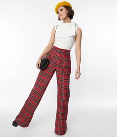 These chic 1950's style Smak Parlour wide leg pants are crafted in a red plaid woven blend and feature a thick waistband that is secured by a front zipper and button closure. Complete with front functional pockets and faux back pockets. Imported100% PolyesterHand Wash Cold, Line DryUnlined, Front Zipper With Button ClosureFront Pockets, Faux Back PocketsMaterial Has No StretchModel Pictured Wearing Size 1X; 1X Length 46.5"; 33.5" InseamModel Info: Height: 5'8" | Waist: 34" | Hips: 41" | Bust: 40 1960's Style, Holiday Party Dresses, Holiday Party Outfit, Style Blouse, Plus Size Pants, 1960s Fashion, Tie Blouse, 1950s Fashion, Professional Outfits