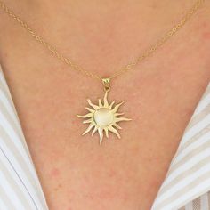 Burning sun figured, handmade 14 K yellow solid gold necklace. Comes with 14k gold chain. (Only pendant option) Standart chain length: 45 cm (17 inches) The size of sun is 22 mm (0,86 inches) diameter. Your lovely sun will arrive in a gift box. Choose your choice of chain lenght. Worldwide Shipping. (DHL/FEDEX/UPS/TNT) Please contact to me for any request. Immerse yourself in the radiant allure of the sun, a celestial orb that has captivated humanity since the dawn of time. Adorn yourself with a Elegant Yellow Gold Sun-shaped Jewelry, Elegant Sun-shaped Yellow Gold Jewelry, 14k Gold Necklaces With Sun Design, 14k Gold Sun Design Necklaces, 14k Gold Sun Design Necklace, Gold Sun-shaped Necklace As A Gift, Gold Sun-shaped Necklace Gift, Gold Sun-shaped Necklace For Gift, 14k Yellow Gold Sun Design Necklace