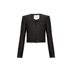 Roland Mouret taffeta jacket V neckline; concealed placket Long sleeves; button cuffs Chest welt pocket Straight fit Cropped length Polyester/silk Polyester lining Imported Luxury Black Cropped Jacket For Evening, Luxury Black Cropped Evening Jacket, Luxury Modern Black Cropped Jacket, Black Single-breasted Cropped Jacket With Lapel Collar, Luxury Black Single-breasted Cropped Jacket, Bergdorf Goodman, Roland Mouret, Product Description, Tops Designs