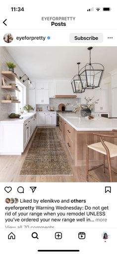 an instagramted photo of a kitchen with white cabinets and wood flooring in the middle