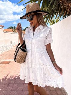 Elegant Women Solid Lapel Embroidery Flower Dress Solid Vintage Short Sleeve Slim Ruffles Dress Buttoned Shirt Sundress Cover Up Embroidered Short Sleeve Dress For Day Out, Embroidered Cotton Shirt Dress For Summer, Daywear Mini Dress With Floral Embroidery And Short Sleeves, Casual Short Sleeve Broderie Anglaise Mini Dress, Broderie Anglaise Mini Dress With Short Sleeves For Summer, Summer Broderie Anglaise Mini Dress With Short Sleeves, Summer Mini Dress With Broderie Anglaise And Short Sleeves, Lapel Embroidery, Embroidery Flower Dress