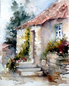 a watercolor painting of a house with steps leading up to it