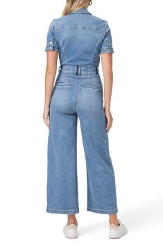 This retro-inspired jumpsuit in soft, stretchy denim is inspired by the label's fan-favorite Harper jeans silhouette with the same ankle-cropped wide legs. 57" length; 28" inseam; 25" leg opening Front button closure Spread collar Short sleeves Chest button-flap patch pockets; front button-flap welt pockets; back welt pockets 93% cotton, 5% polyester, 2% spandex Machine wash, line dry Imported Jeans Silhouette, Wide Legs, Denim Jumpsuit, Wide Leg Denim, Welt Pockets, Retro Inspired, Welt Pocket, Anklets, Wide Leg