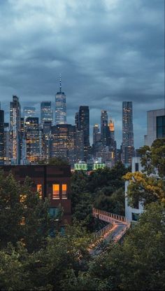 the city skyline is lit up at night, with skyscrapers visible in the distance