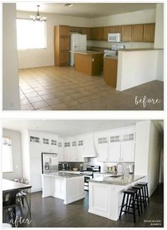 before and after pictures of a kitchen remodel with white cabinets, tile flooring