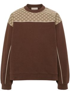 chocolate brown cotton classic GG canvas jersey texture contrasting trim crew neck drop shoulder long sleeves ribbed cuffs and hem Color Crema, Contrasting Trim, Balenciaga Triple S, Statement Shirt, Short Suit, Mens Activewear, Contrast Trim, Chocolate Brown, Jean Coat