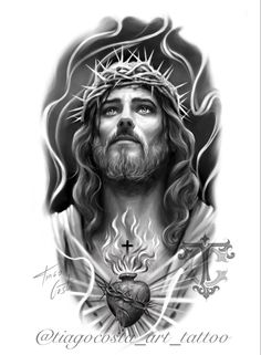 the face of jesus wearing a crown and holding a heart in his hands with flames around it