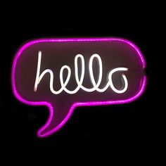 a neon sign with the word hello written in it's speech bubble on a black background