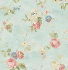 a blue wallpaper with pink, white and blue flowers painted on it's sides