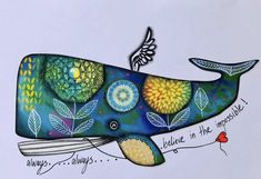 a drawing of a blue whale with flowers and leaves on it