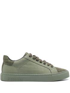 olive green calf leather and suede smooth grain embossed crocodile effect almond toe contrasting panel detail logo plaque at the tongue contrasting heel counter branded leather insole rubber sole with raised logo detail front lace-up fastening We've partnered with Good On You — an independent agency that rates how brands perform in relation to their impact on the planet, people and animals, with a multi-criteria rating simplified to a five points scale. In order to be awarded our conscious label, larger brands need to score a minimum of four out of five ('Good'), while smaller brands must score at least three out of five ('It's A Start'). This item comes from a brand rated three out of five ('It's A Start') by Good on You at the time it was added on FARFETCH. Please note, this is a brand-l Green Leather High-top Sneakers With Perforated Toe Box, Green Leather Sneakers With Embossed Logo, Olive Low-top Leather Sneakers, Olive Leather Low-top Sneakers, Sporty Olive Leather Sneakers, Green Casual Calf Leather Sneakers, Green Leather Sneakers With Contrast Sole, Luxury Green Sneakers With Branded Insole, Classic Green Sneakers With Textured Sole