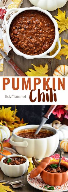 pumpkin chili in a white bowl on a table with fall leaves and other dishes around it