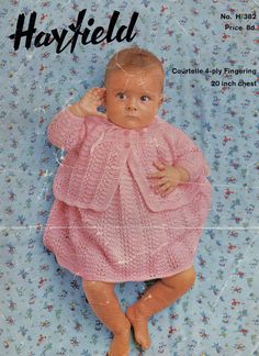 an old knitting pattern for a baby's sweater and dress in the style of haxfield