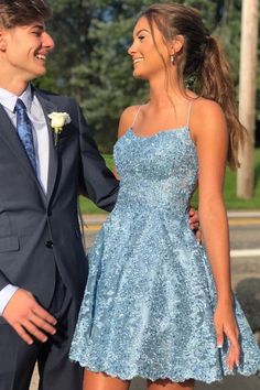 blue sleeveless applique #homecoming dress,lace spaghetti-straps school event dress on Storenvy School Event Dress, Homecoming Dress Short, Cute Homecoming Dresses, Mini Homecoming Dresses, Back To School Party, Gaun Fashion, Gareth Pugh, Winter Formal, Lace Homecoming Dresses