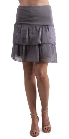 100% Silk Short Tiered Skirt with Knit Waistband. 95% Viscose, 5% Elastane Lining. One Size Fits All Made in Italy. Model is 5' 8" Gray Tiered Skirt Bottoms For Spring, Gray Tiered Skirt For Spring, Spring Gray Tiered Skirt, Casual Gray Tiered Skirt, Gray Fitted Tiered Skirt, Short Tiered Skirt, Sante Fe, Tiered Skirts, Summer Lookbook