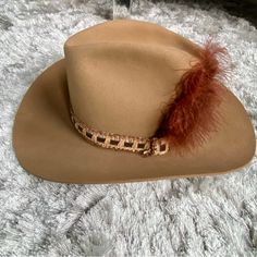 Resistol Women’s Suede Cowboy Hat Details: Roundup Collection Beautiful Tan Suede Accented With Side Feathers Crochet Lace Self Conforming, Very Comfortable Condition: Excellent, Never Worn. Brown Hat For Kentucky Derby And Ranch Events, Fitted Brown Straw Hat For Western-themed Events, Tan Suede, Cowboy Hat, Tan Brown, Crochet Lace, Cowboy Hats, Feathers, Cowboy